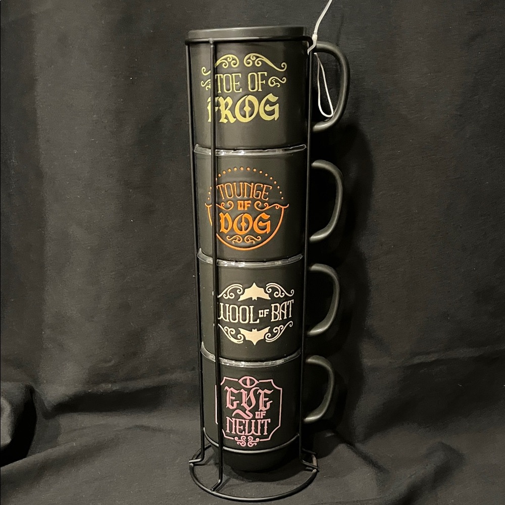 Set of Halloween themed Stackable Black Mugs with Vintage Designs